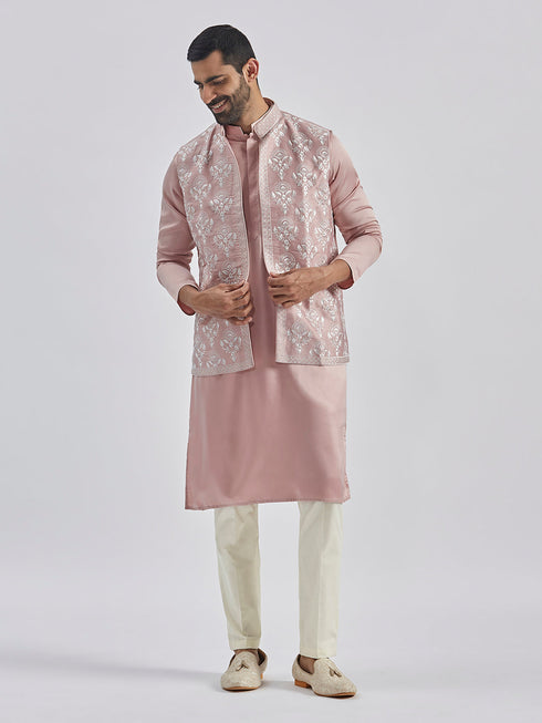 Men's Beige And Cream Silk Blend Jacket, Kurta And Pyjama Set
